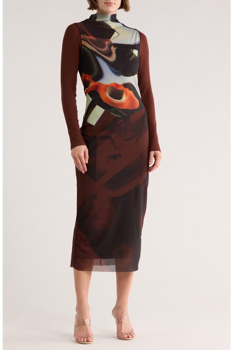 Abstract Long Sleeve Dress, Main, color, BROWN