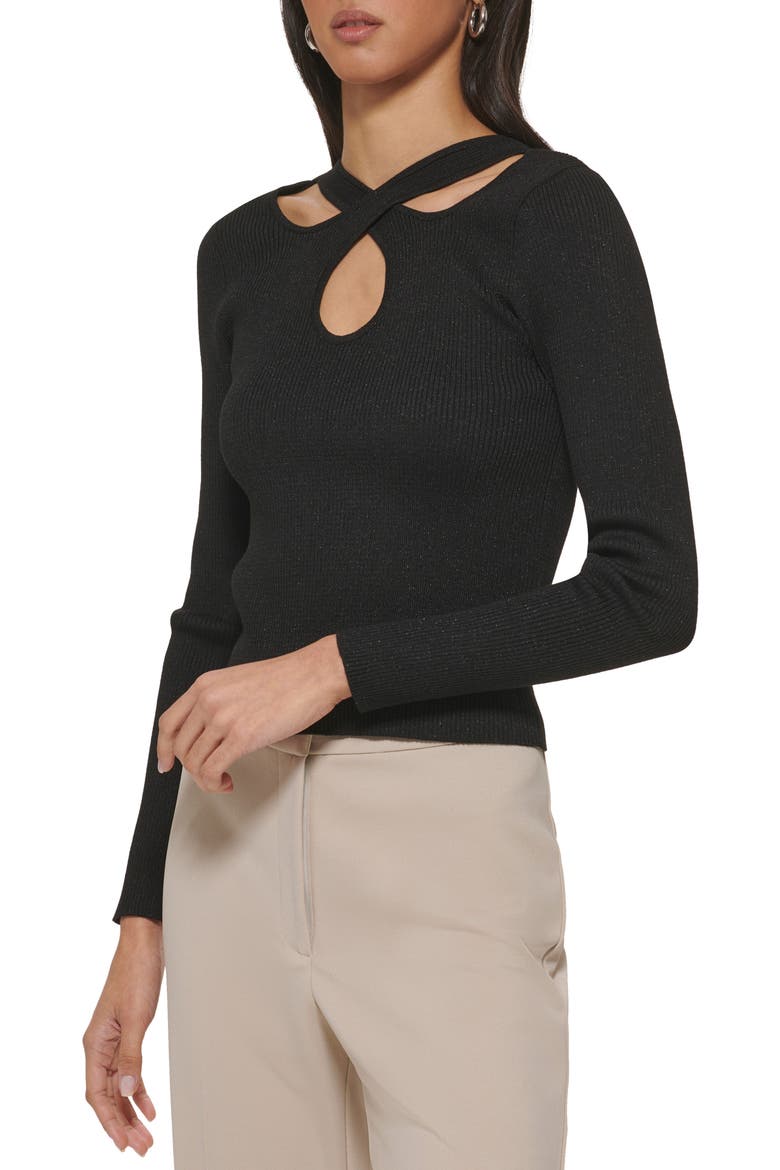 Rib Metallic Cutout Sweater, Alternate, color, BLACK