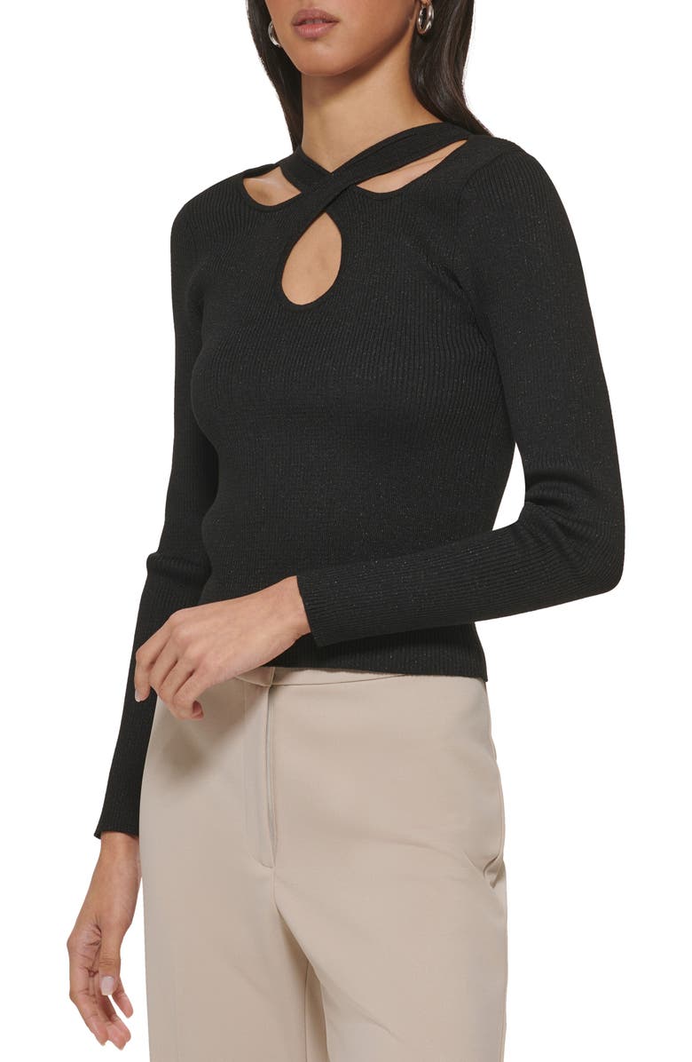 DKNY Rib Metallic Cutout Sweater, Alternate, color, 