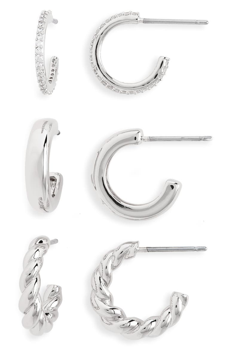 Golden Hour Set of 3 Huggie Hoop Earrings, Main, color, RHODIUM