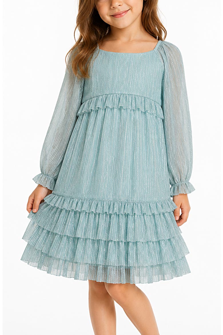 Kids' Metallic Tiered Plissé Dress, Alternate, color, TEAL