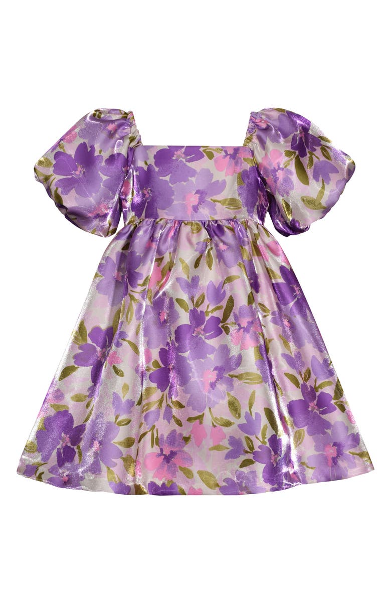 Iris & Ivy Kids' Puff Sleeve Floral Jacquard Party Dress, Main, color, Lavendar Floral