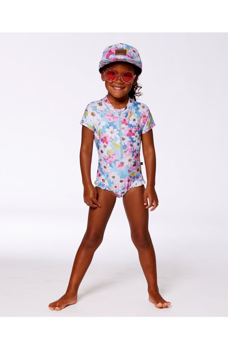 Deux par Deux Little Girl's Printed Short Sleeve One-Piece Swimsuit With Frills White, Pink, And Green Flowers, Alternate, color,