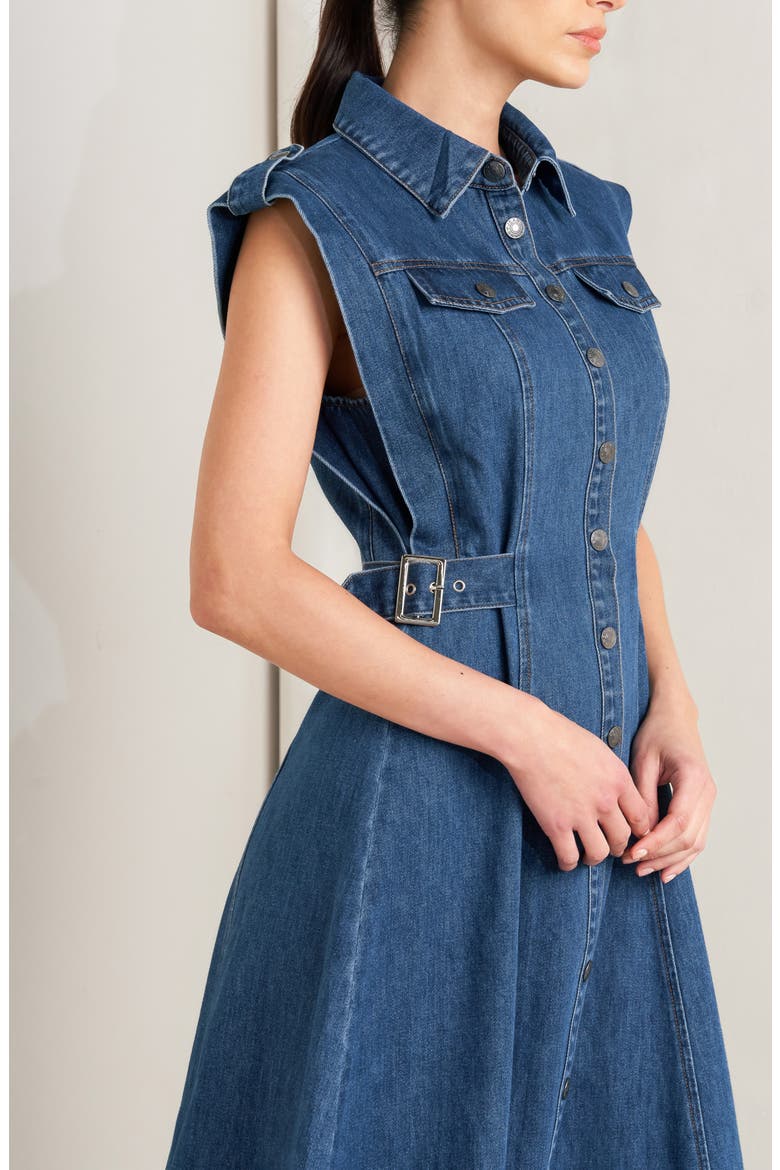 Buckle Tab Denim Fit & Flare Midi Dress, Alternate, color, DENIM