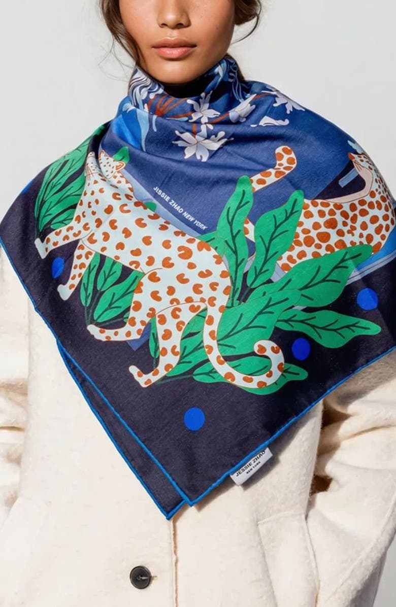 Jessie Zhao New York Double Sided Wool Silk Scarf Of Night Banquet, Alternate, color, Blue