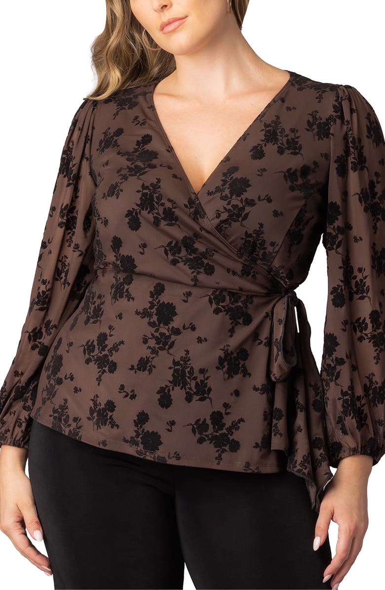 Kiyonna Alissa Print Wrap Top, Main, color, Sable Flocked Florals