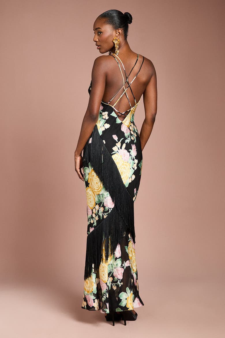 Strappy Floral Fringe Maxi Dress, Alternate, color, Black