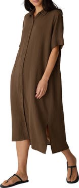Eileen Fisher Classic Collar Organic Cotton Midi Shirtdress