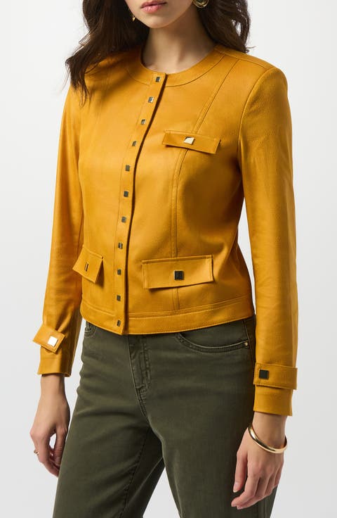 Collarless Foiled Faux Leather Jacket