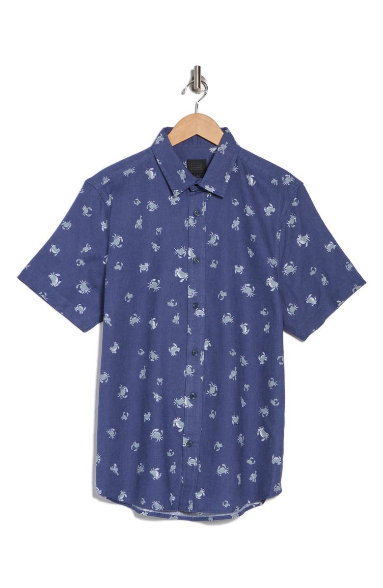 14th & Union Short Sleeve Linen & Cotton Button-Up Shirt, Alternate, color, Blue Sea Life