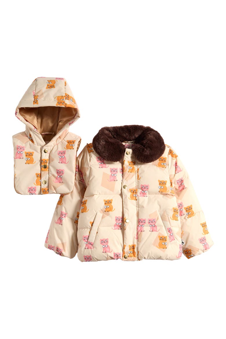 Kids' Kitten Print Faux Fur Collar Puffer Jacket, Alternate, color, NO COLOR