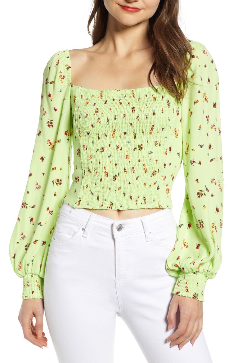 Bardot Smocked Square Neck Blouse, Main, color, LIMELIGHT DITSY