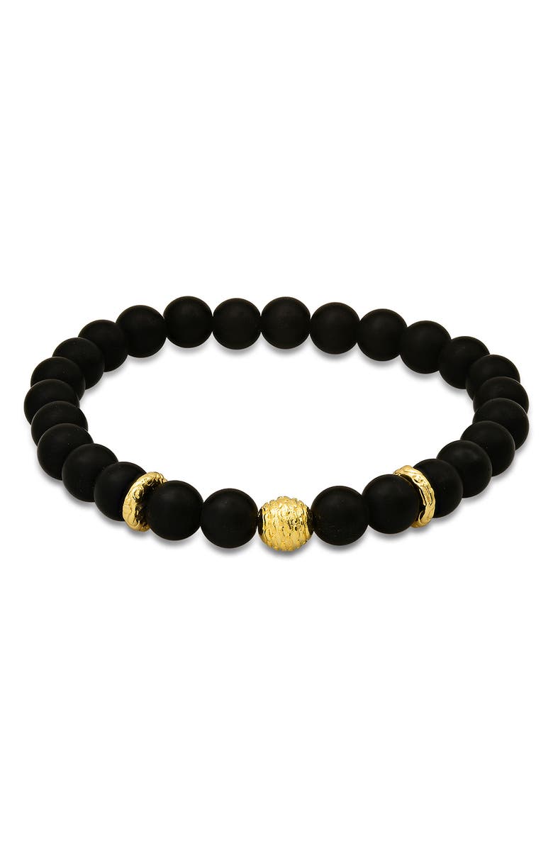 HMY JEWELRY Men's 14K Gold Plated Sterling Silver & Lava Stone Beaded Stretch Bracelet, Main, color, Gold/ Black