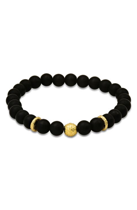 Men's 14K Gold Plated Sterling Silver & Lava Stone Beaded Stretch Bracelet