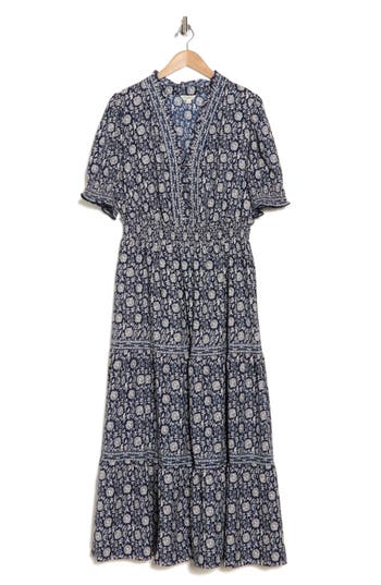 Max Studio Short Sleeve Tiered Maxi Dress In Navy/cream Sml Orntal Panel