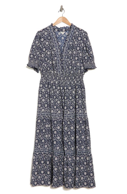 Max Studio Short Sleeve Tiered Maxi Dress In Blue