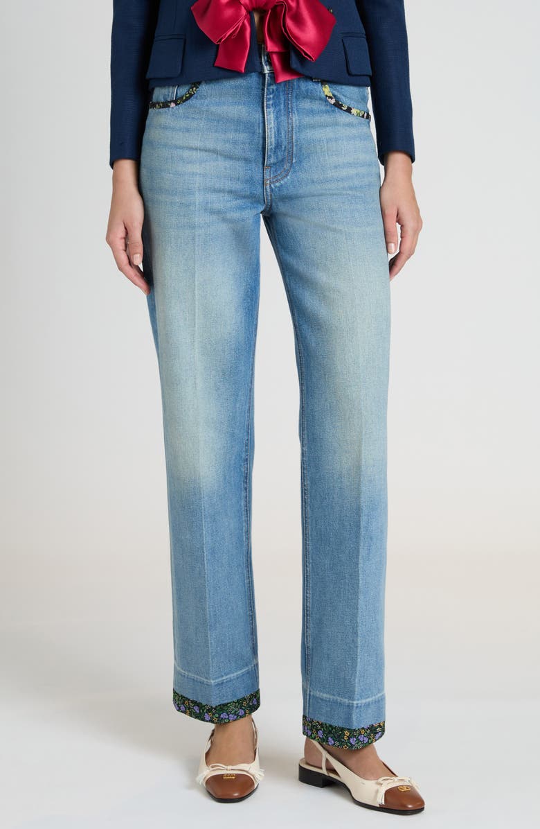 Valentino Garavani Floral Trim Straight Leg Jeans, Main, color, Medium Blue Denim
