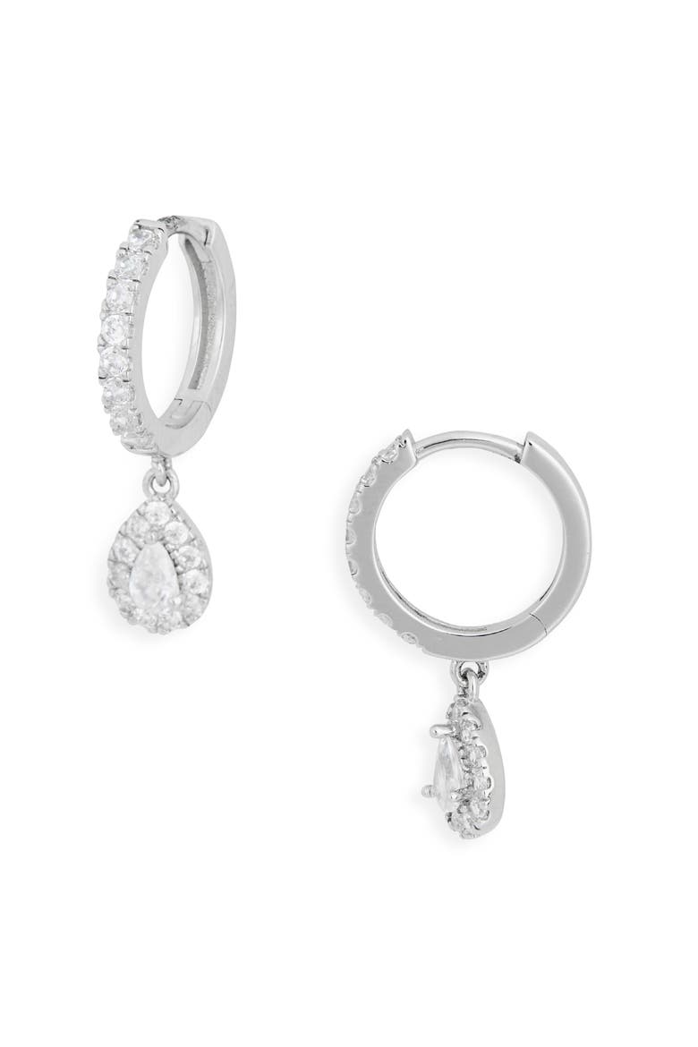 Pavé CZ Pear Drop Huggie Hoop Earrings, Main, color, CLEAR- SILVER