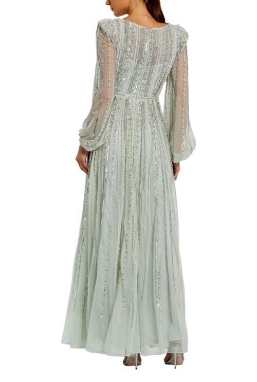 Mac Duggal Boat Neck Long Sleeve Gown With Striped Beading In Mint