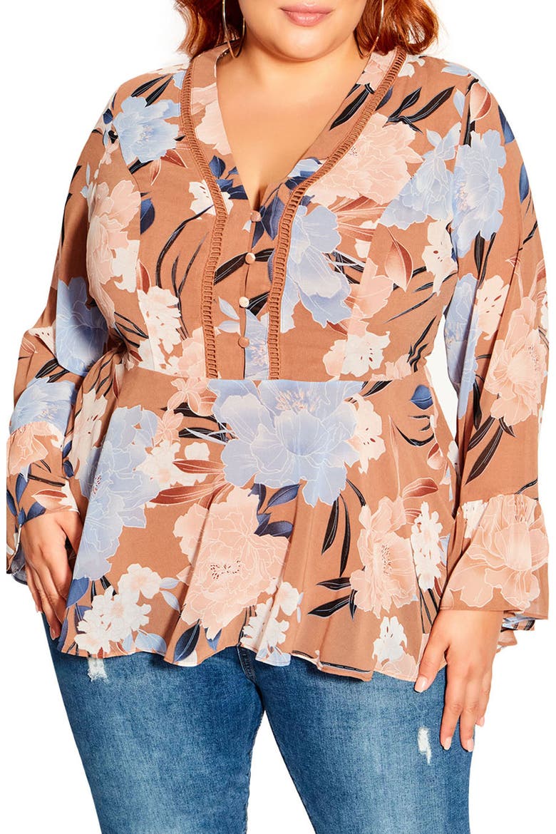 Caroline Floral V-Neck Tunic Top, Main, color, FUDGE TENDER FL