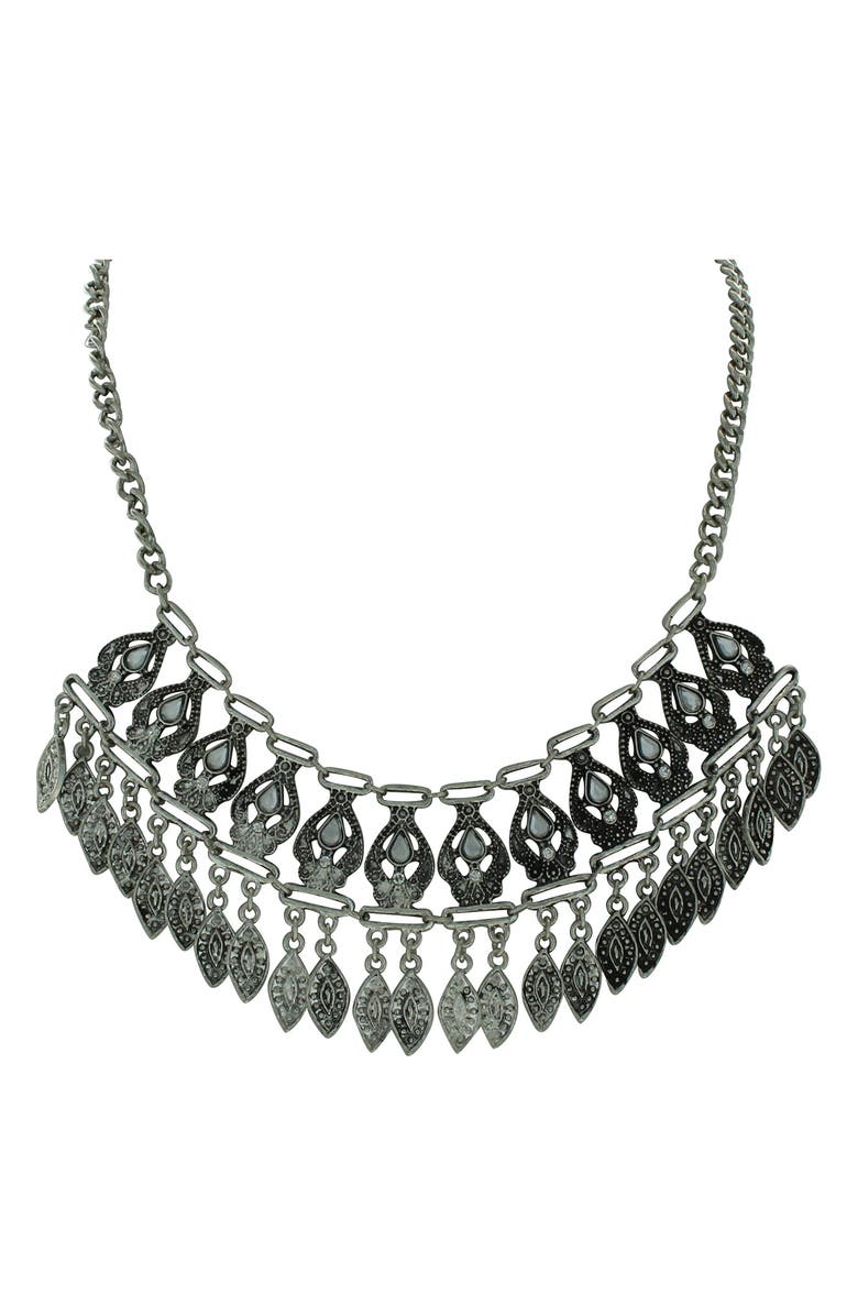 OLIVIA WELLES 14k Gold Plated Detailed Stone and Leaf Bib Necklace, Main, color, Metallic Silver