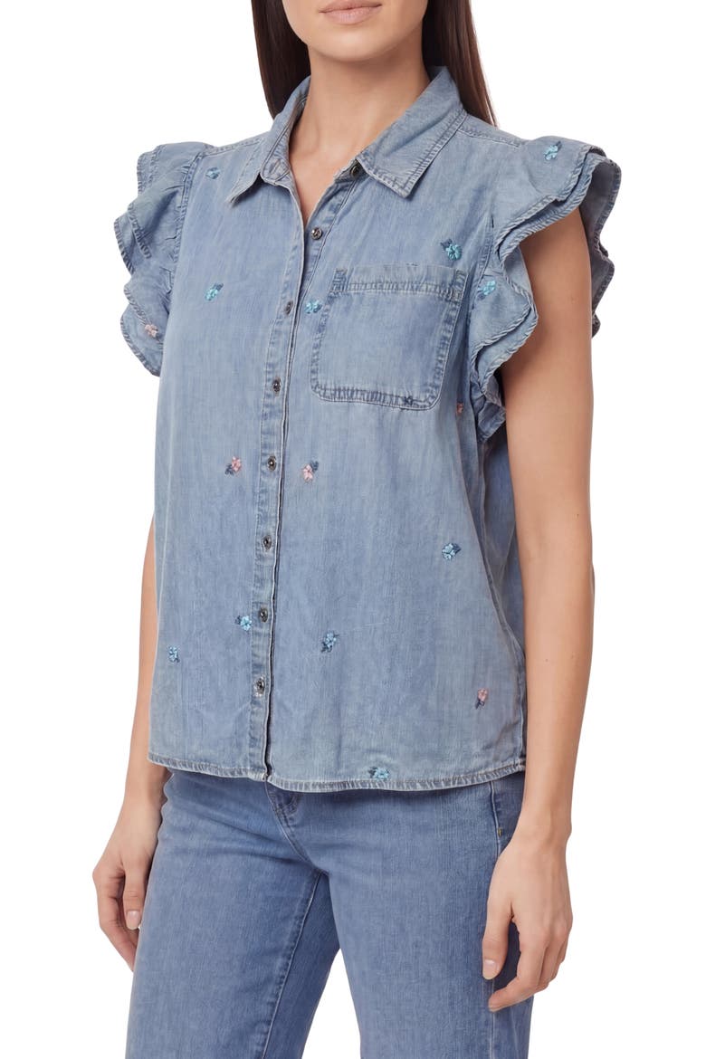 Denim Double Flutter Sleeve Button Front Top, Alternate, color, LOGAN
