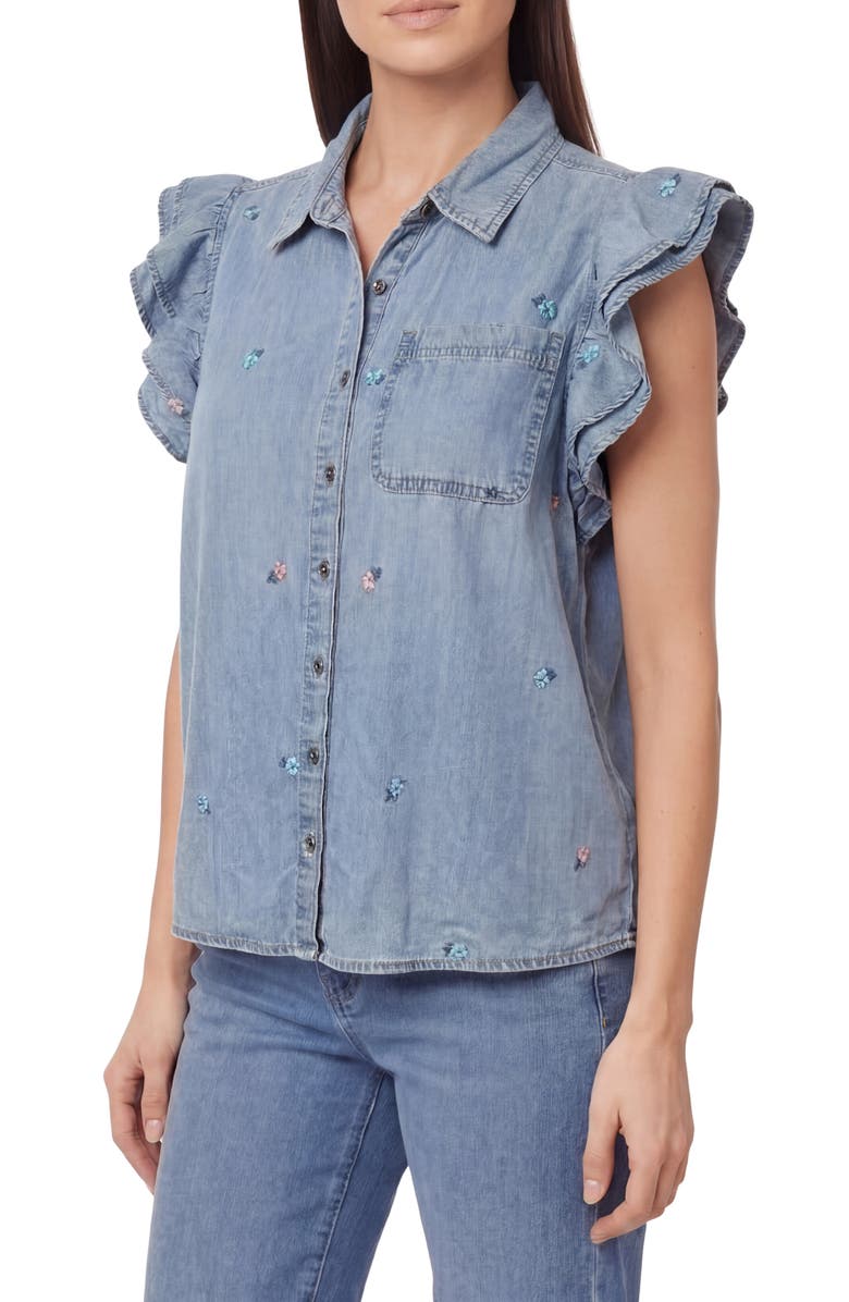 Kensie Denim Double Flutter Sleeve Button Front Top, Alternate, color, Logan