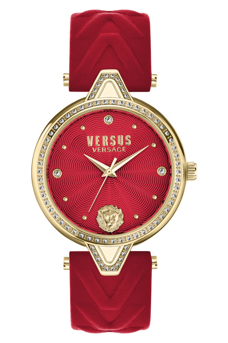 V Versus Crystal Leather Strap Watch, 34mm, Main, color, IP YELLOW GOLD