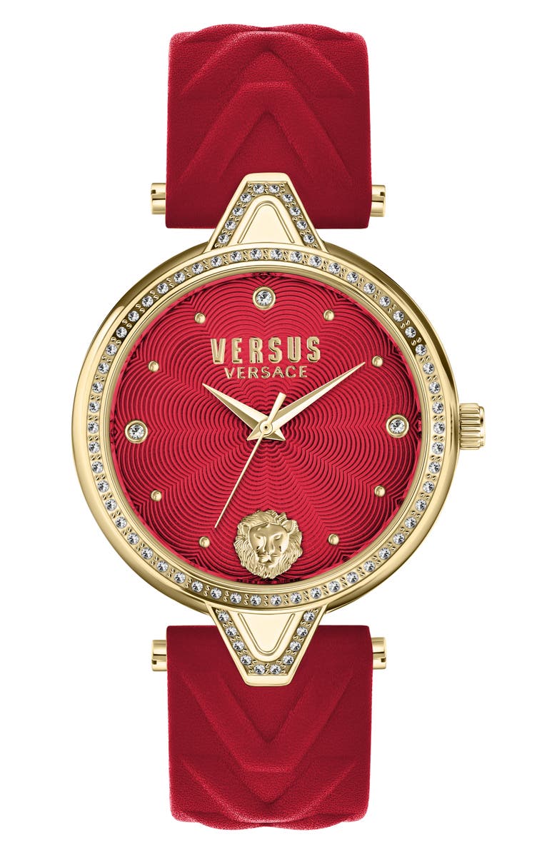 VERSUS Versace V Versus Crystal Leather Strap Watch, 34mm, Main, color, Ip Yellow Gold