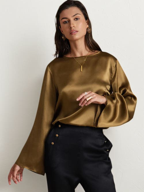 Silksilky 19momme Silk Solid Color Casual Long-sleeved T-shirt In Brown