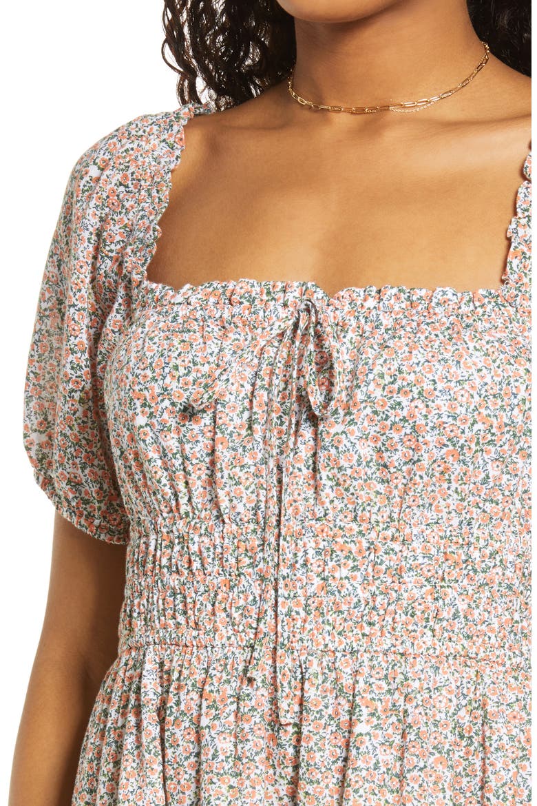 Shirred Puff Sleeve Prairie Minidress, Alternate, color, WHITE- CORAL LACEY DITSY