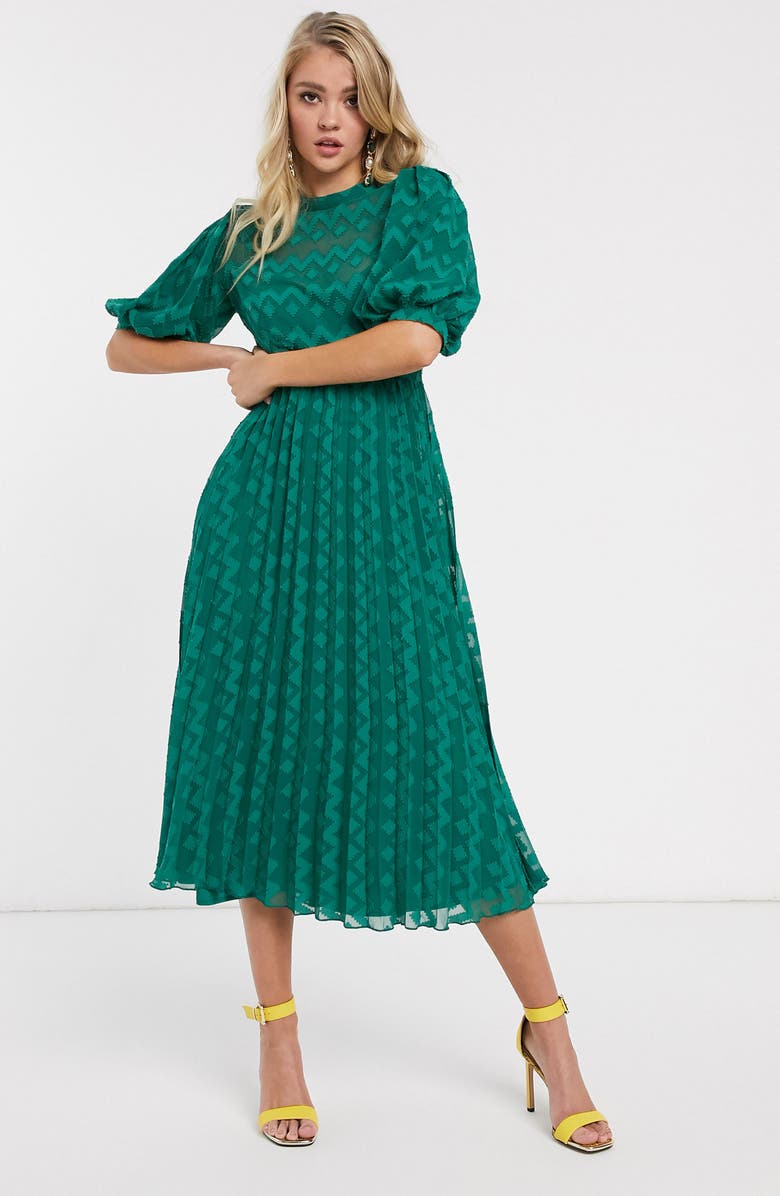 ASOS DESIGN Chevron Puff Sleeve Dobby Chiffon Dress, Alternate, color, 