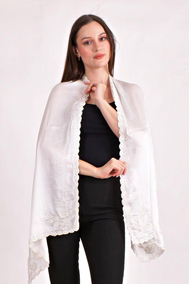 Resham & Pearl Hand Embroidered Viscose Scarf, Main, color, White