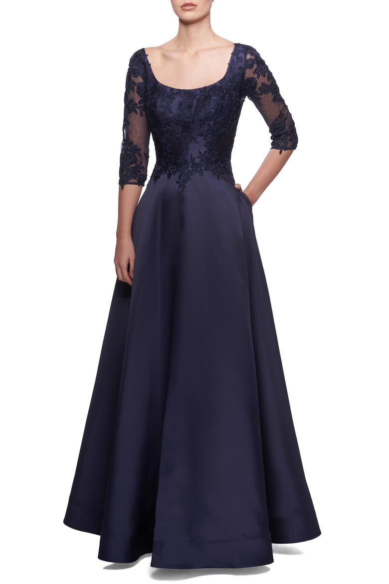 Lace & Mikado A-Line Gown, Main, color, NAVY