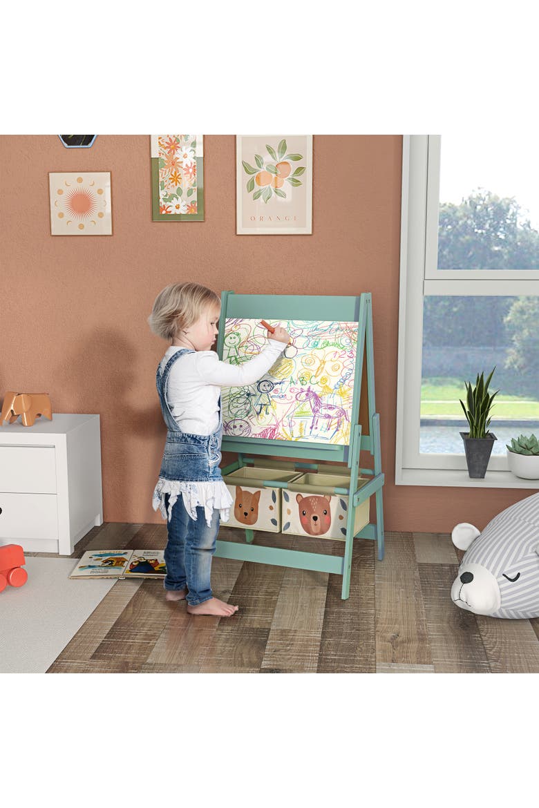 Kids 3-in-1 Art Easel with Paper Roll, Blackboard, Whiteboard, Storage Baskets​, Alternate, color, Green