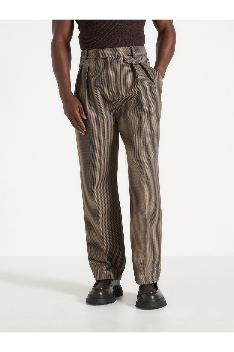Pierre Houndstooth Twin Pleat Trousers, Main, color, Brown