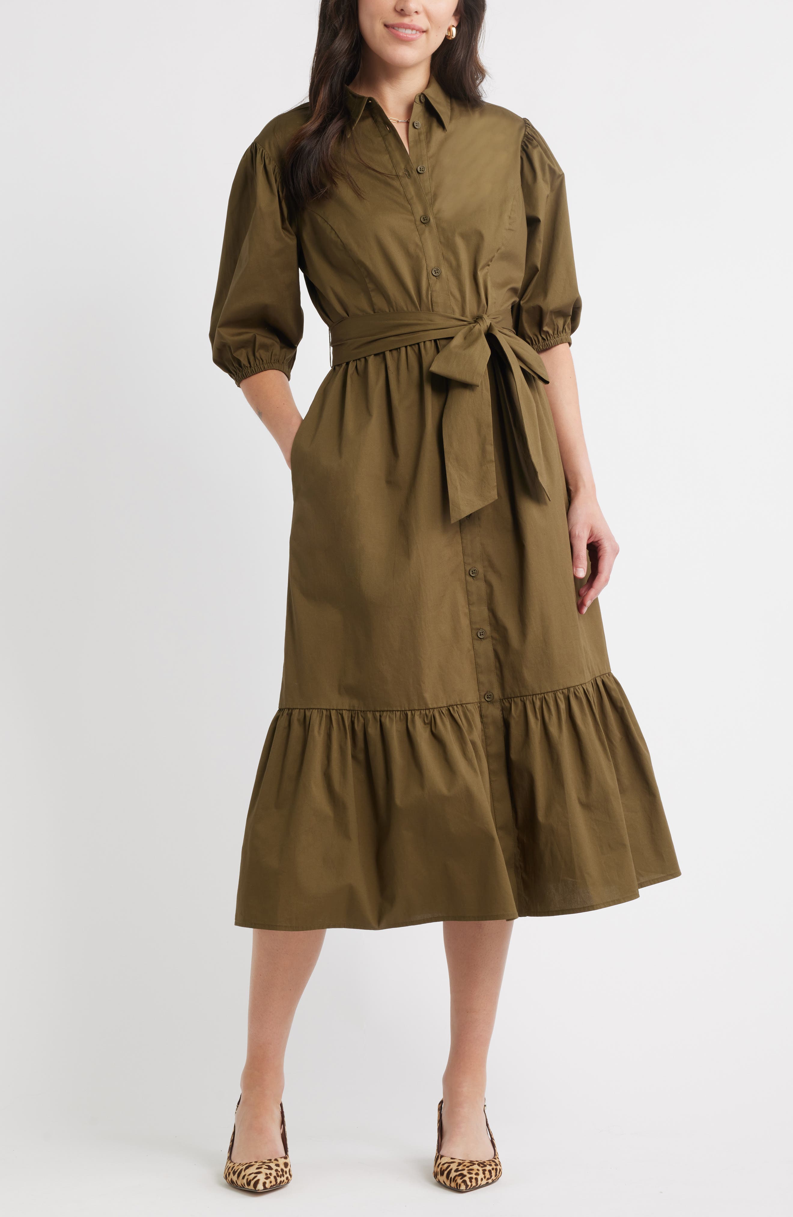 Caslon® Puff Sleeve Stretch Cotton Shirtdress