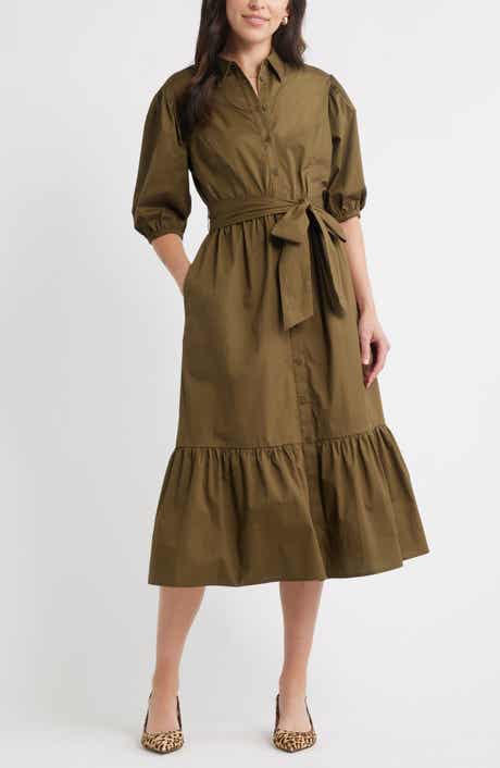 Caslon® Puff Sleeve Stretch Cotton Shirtdress