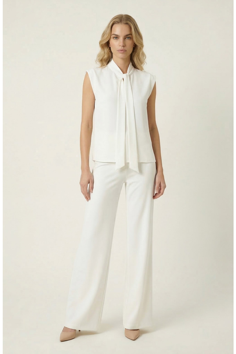Sleeveless Tie Neck Blouse and Wide Leg Pant Set, Main, color, White