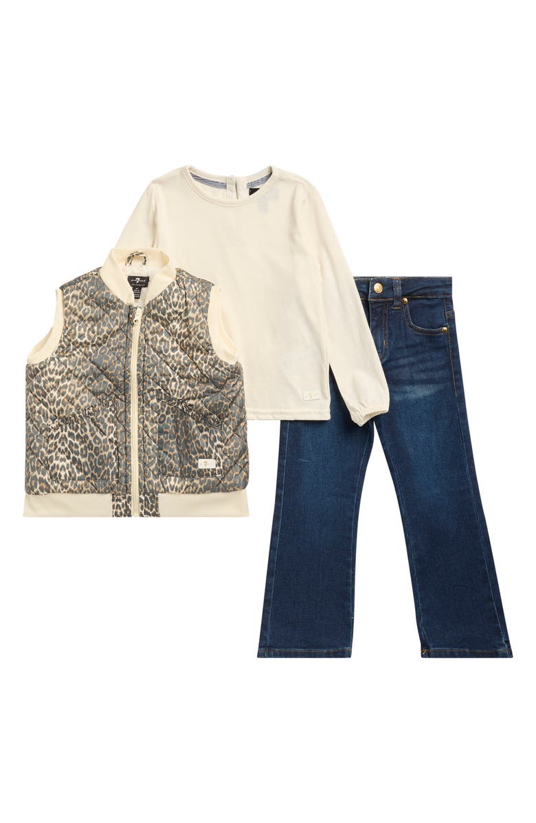 7 For All Mankind Kids' Leopard Diamond Quilted Vest, Long Sleeve T-Shirt & Flare Jeans Set, Main, color, Leopard