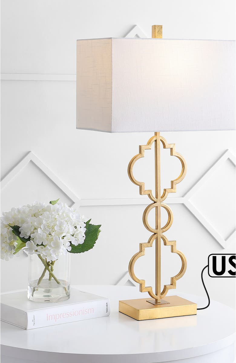 JONATHAN Y Selina Iron Ogee Trellis Modern LED USB Table Lamp, Alternate, color, Gold Leaf