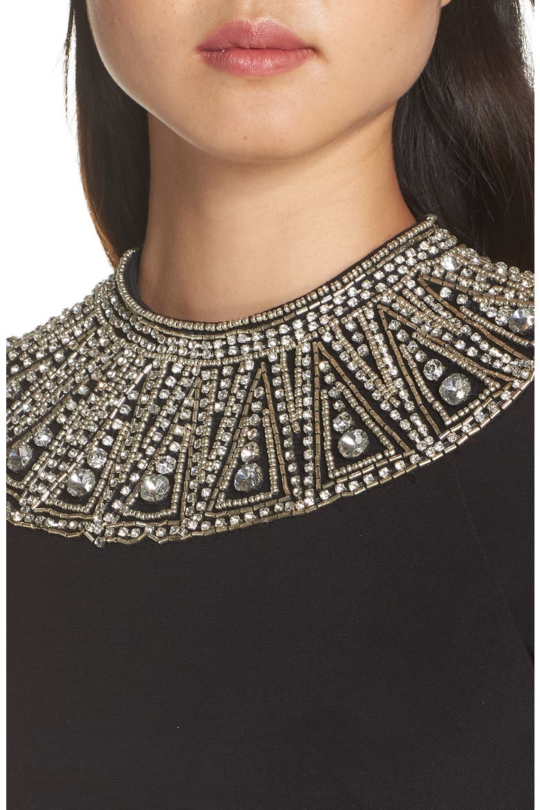 Mac Duggal Beaded Collar Long Sleeve Jersey Gown, Alternate, color, BLACK