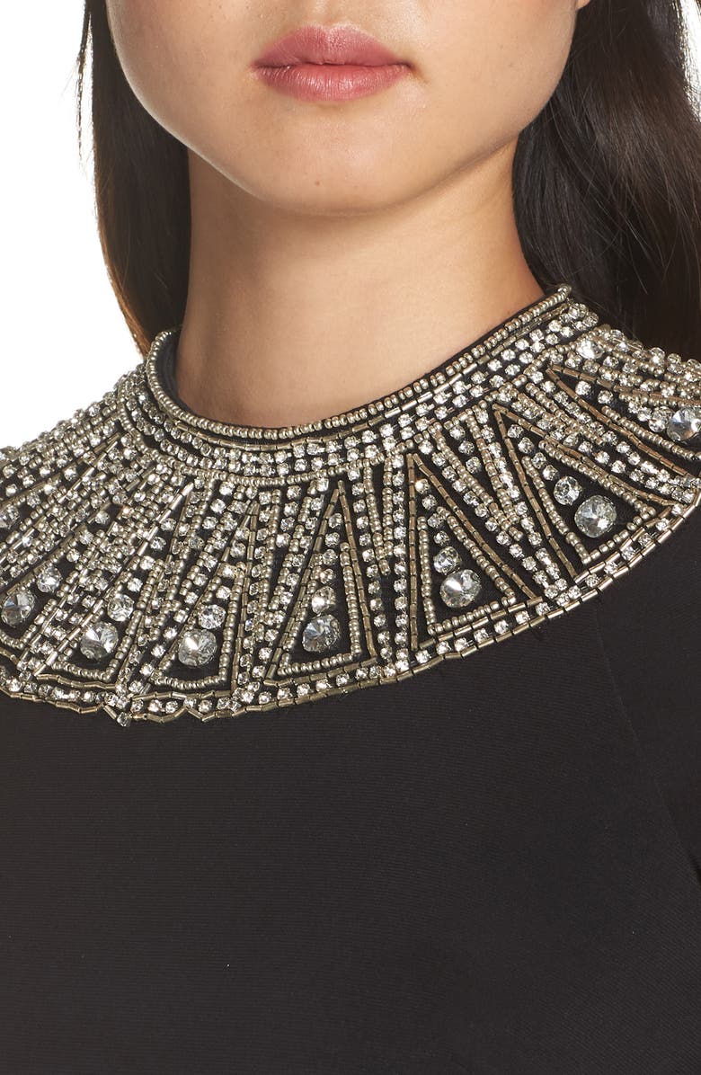 Ieena for Mac Duggal Mac Duggal Beaded Collar Long Sleeve Jersey Gown, Alternate, color, 