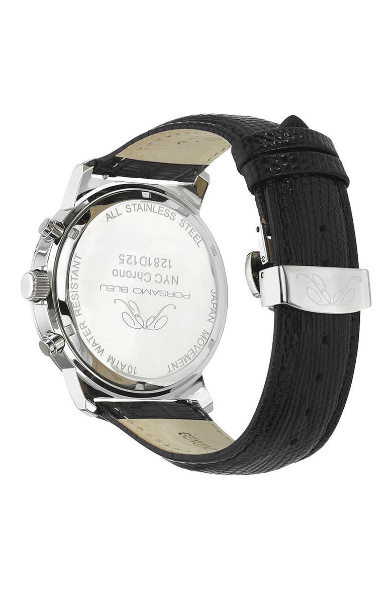 NYC Chronograph Embossed Leather Strap Watch, 47mm, Alternate, color, BLACK