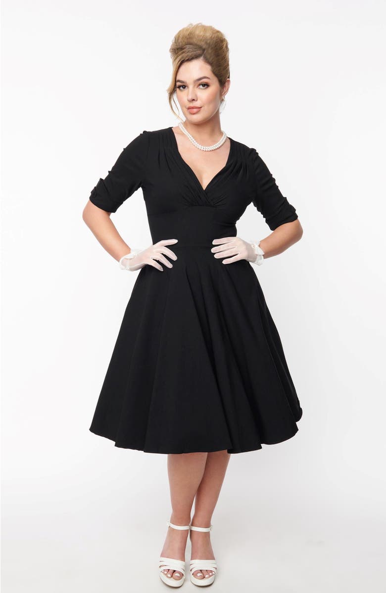 Unique Vintage Half Sleeve Surplice Delores Swing Dress, Main, color, Black