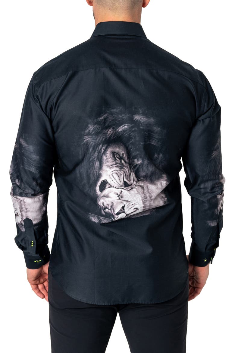 Fibonacci Love Lion Cotton Button-Up Shirt, Alternate, color, BLACK