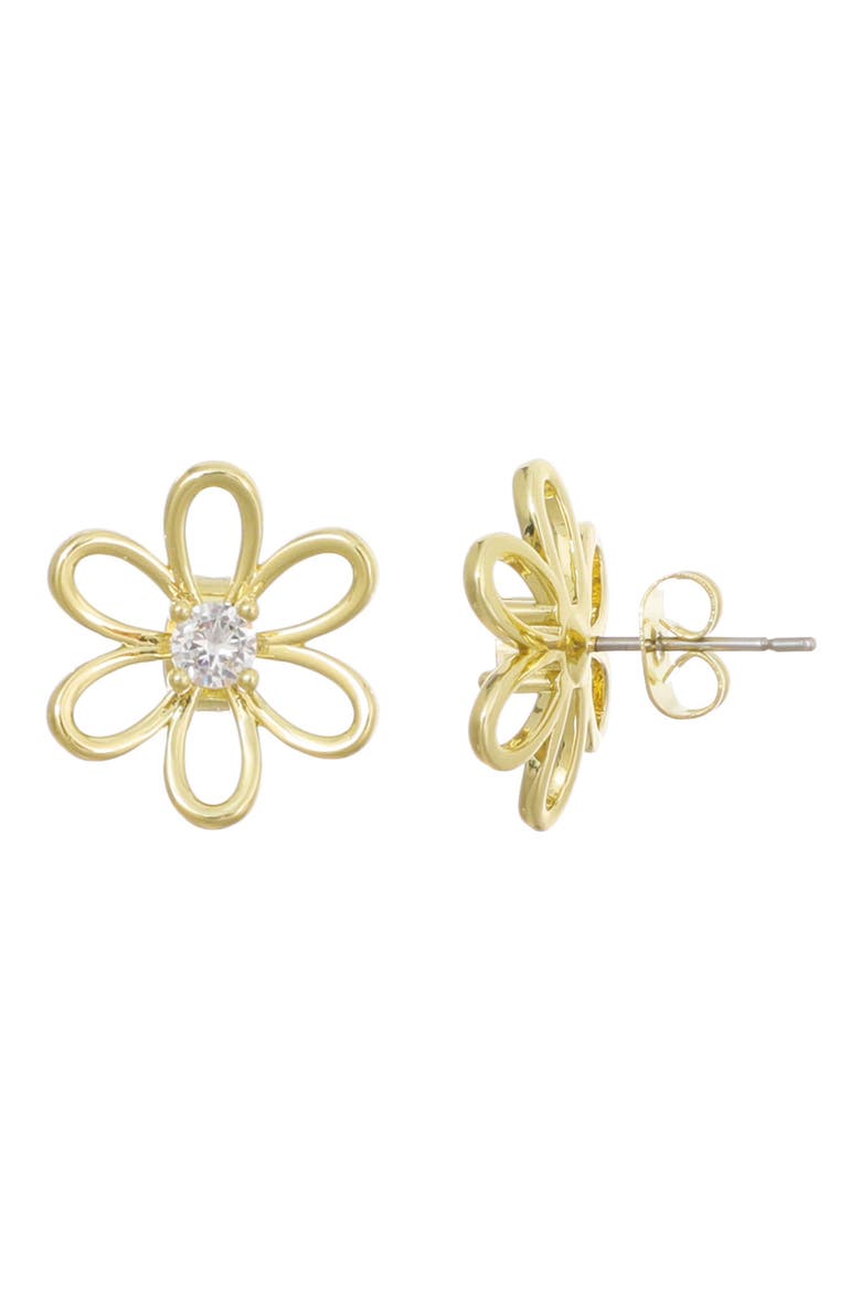 14K Gold Plated Cubic Zirconia Flower Outline Stud Earrings, Alternate, color, GOLD