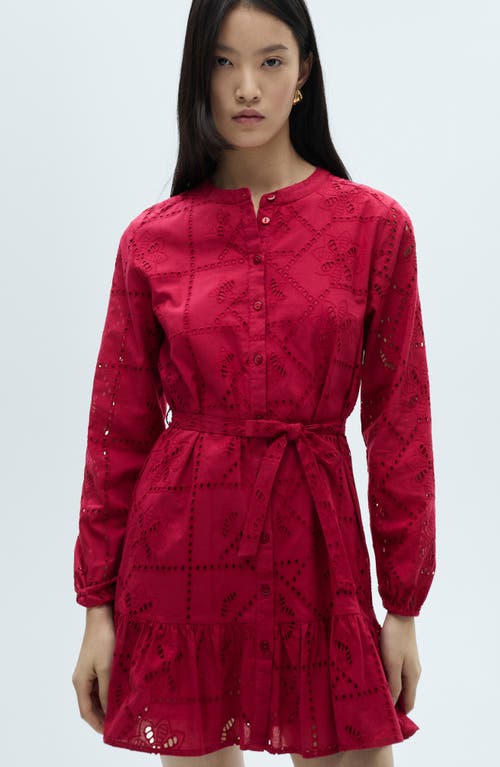 Mango Eyelet Ruffle Hem Tie Waist Long Sleeve Minidress In Strawberry