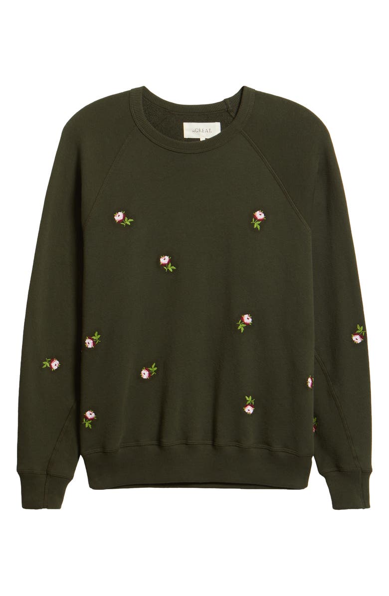 THE GREAT. The College Embroidered Rose Sweatshirt, Alternate, color, Woodland Green