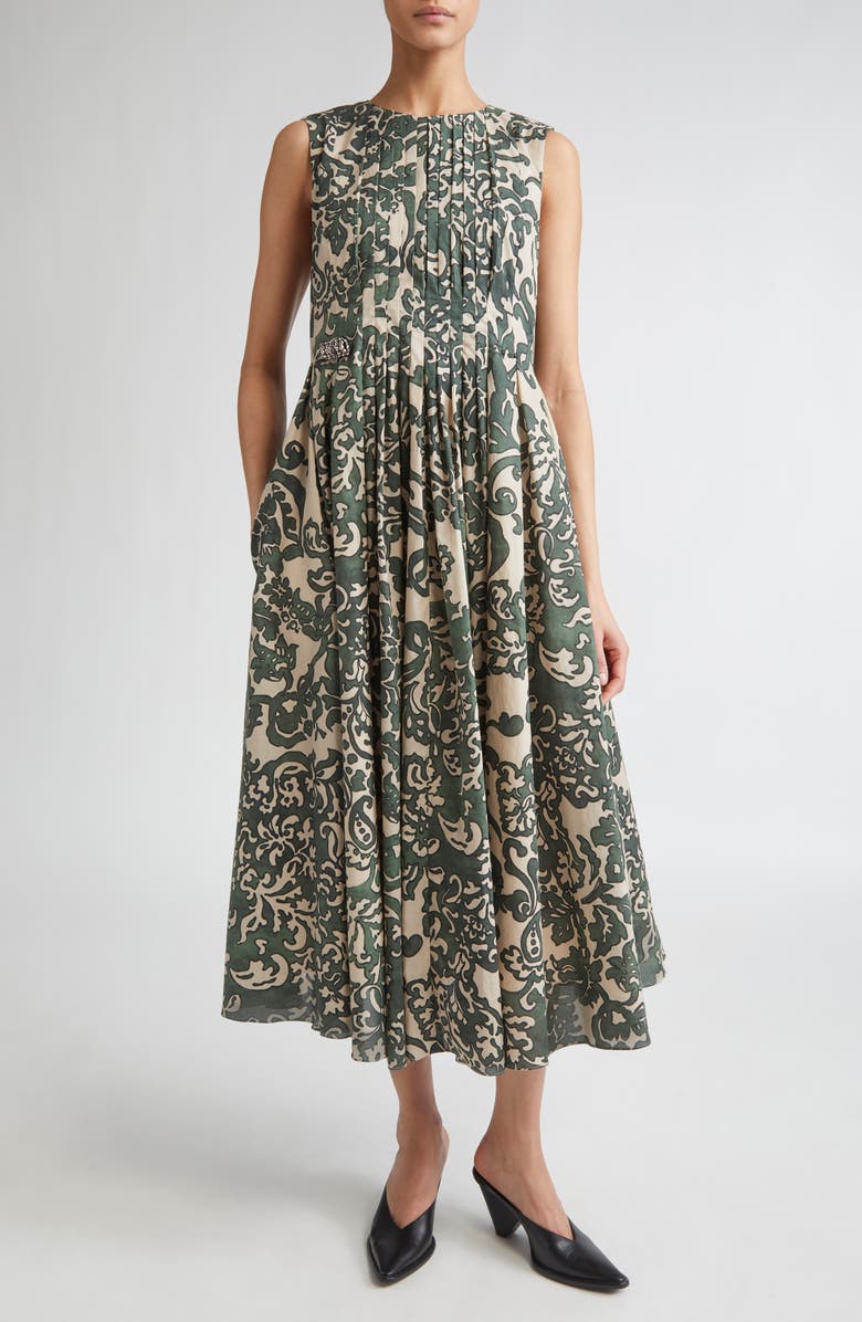 Max Mara Venice Print Pleated Cotton Voile Dress, Main, color, Kaki